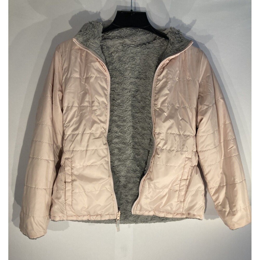 Rokka & Rolla Womens Reversible Sherpa Fleece Puffer Jacket Pink Gray